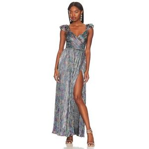 Saylor Imara Pleated Midi Dress in Mardi Gras Metallic S
